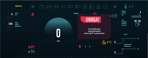Widok wyświetlacza elektrycznego pojazdu z wyświetlonym komunikatem wg regulaminu UN ECE R121