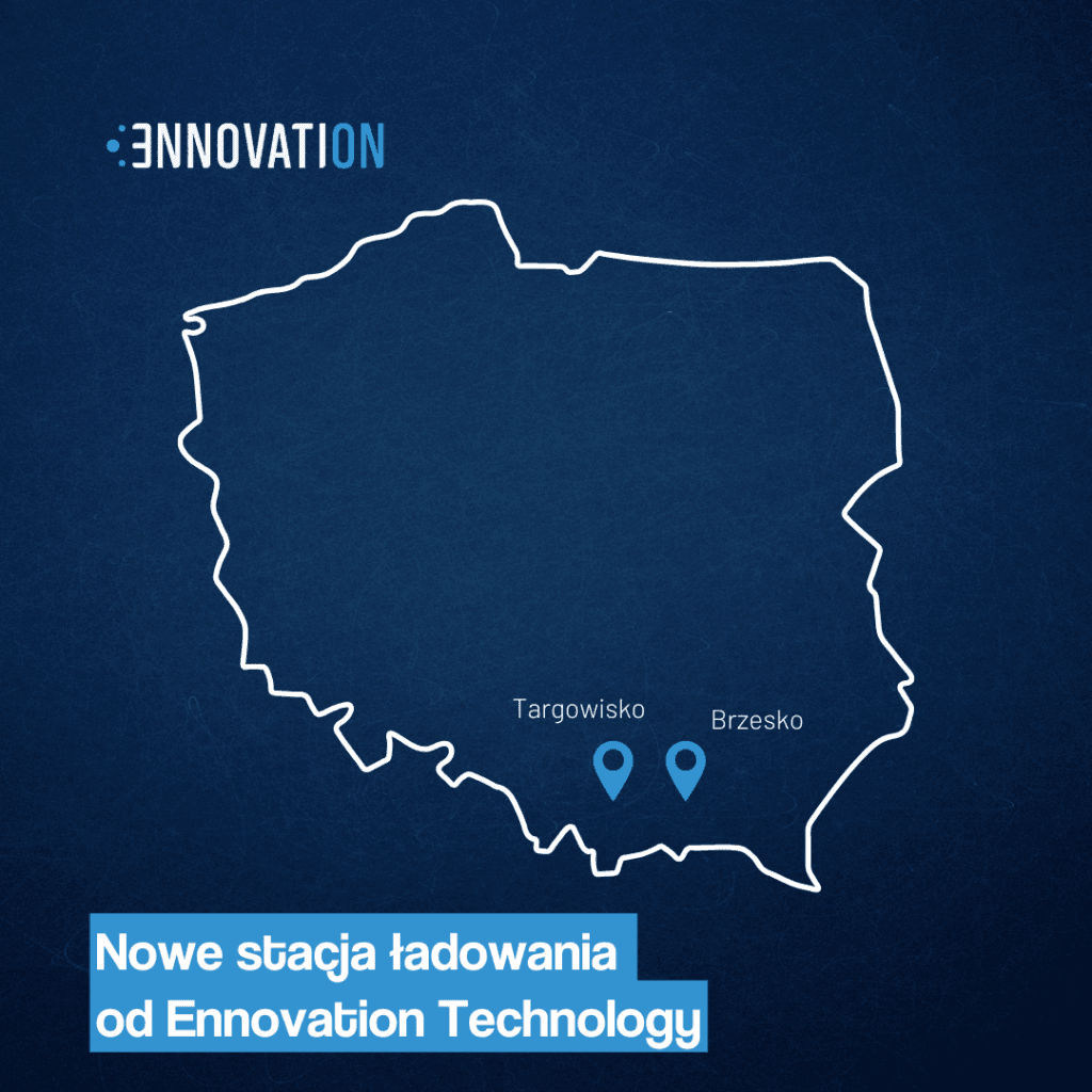 Mapa Polski z zaznaczonymi lokalizacjami dla nowych stajci ladowania DC od Ennovation Technology